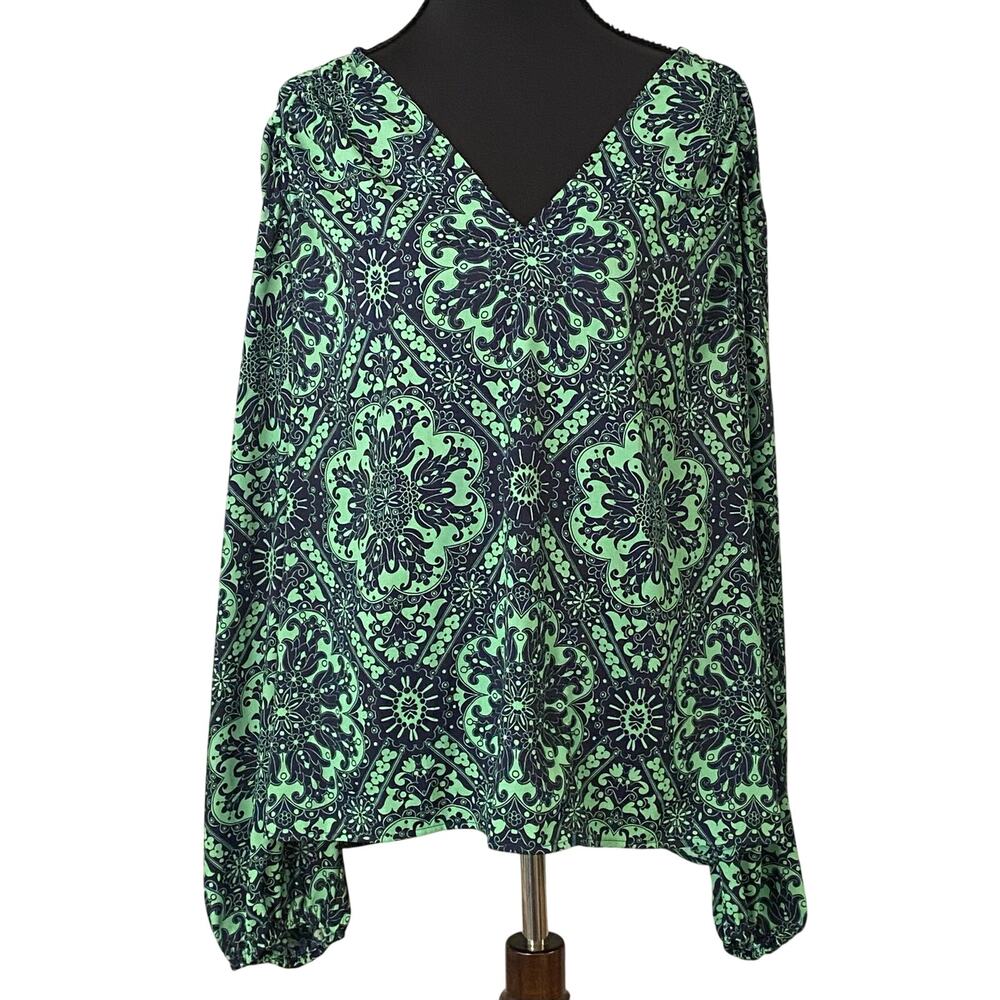 LOFT XXL Green Navy Medallion Print V Neck Long Sleeve Blouse Office Boho Resort